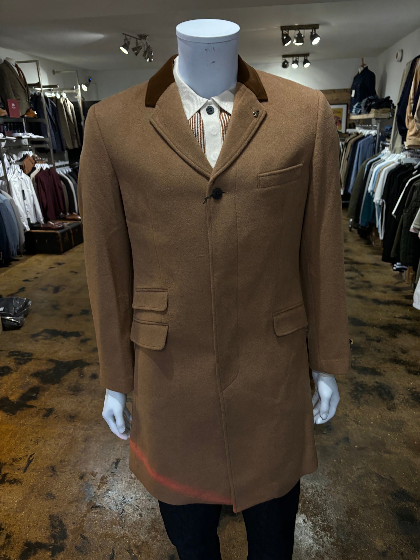 Gabicci Tan Overcoat - Stylish Winter Outerwear - Front on mannequin
